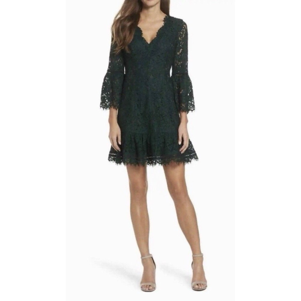 Eliza J‎ Bell Sleeve Fit Flare Lace Mini Dress Green Size 12 NEW $178